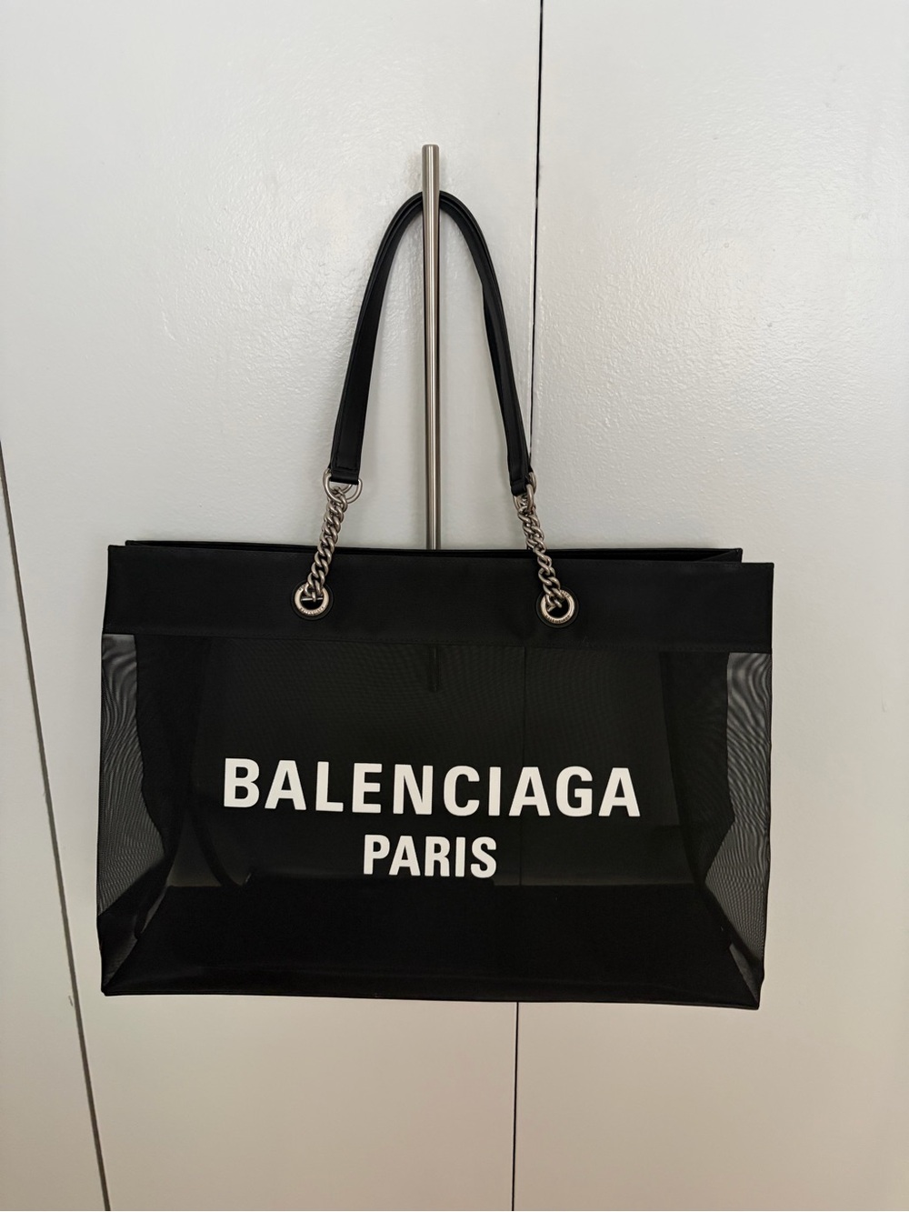 Balenciaga Large Logo Shopper Tote Black Mesh Chain Handles NEW $2350